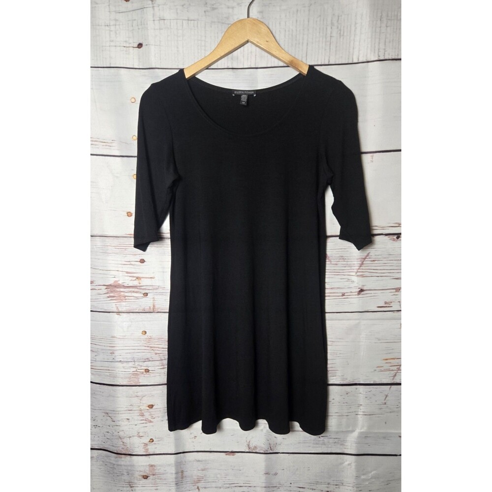 Eileen Fisher Womens Top Size Small Black 3/4 Sleeve Knit Tunic Scoop Neck